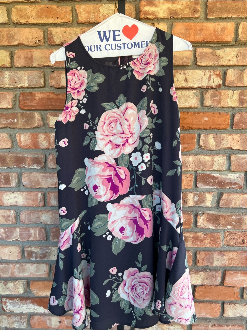 C & E Sleeveless Black Midi Dress with Pink Floral Print